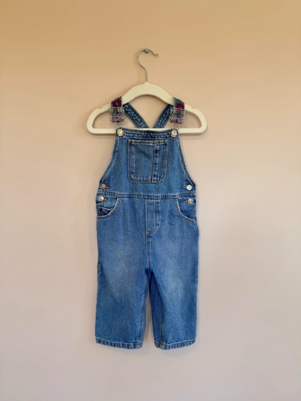 Zara Baby Denim Overalls with Floral Embroidery Shoulder Straps
